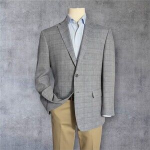 Jos. A. Bank Men's 42R Gray Linen Glen Plaid Blazer Sport Coat 2-Button Jacket